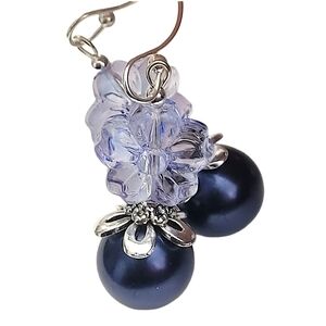 Hand Crafted Blue Floral Earrings Silver Plated 1⅞" Long Lightweight Glass